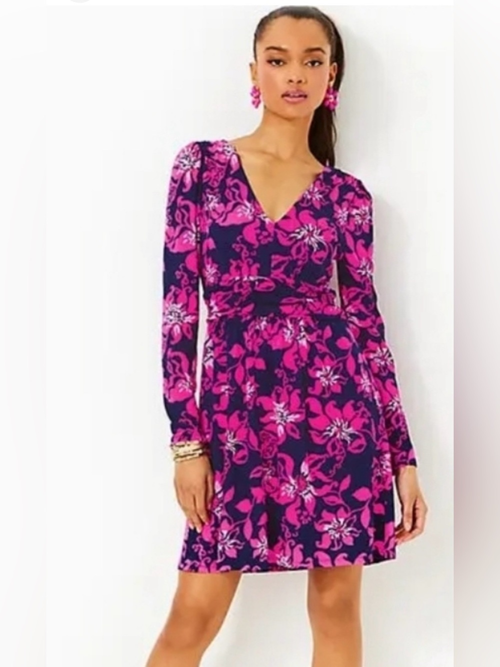 Lilly Pulitzer Navy and Hot Pink Floral Long Sleeve Dress Sz.XL